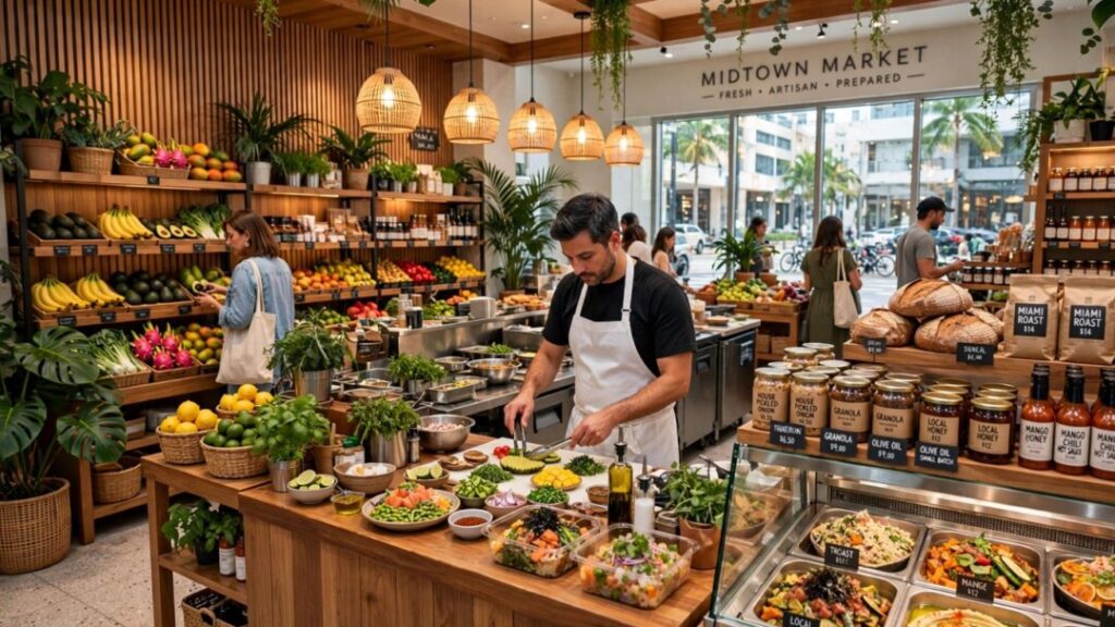 Chef prepares fresh food inside a stylish Midtown Miami neighborhood market.