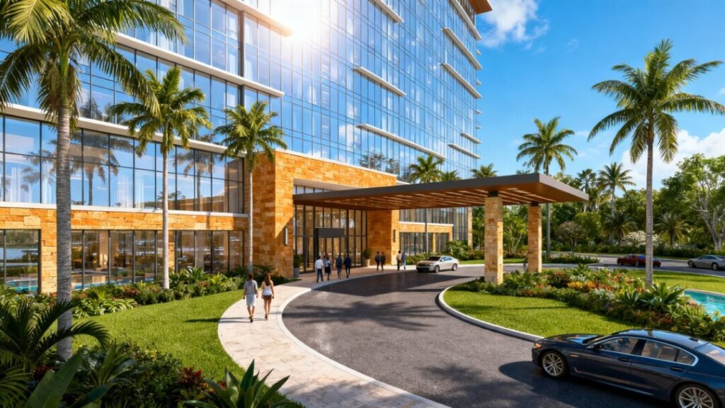 Modern Palm Beach convention hotel framed by tropical palms