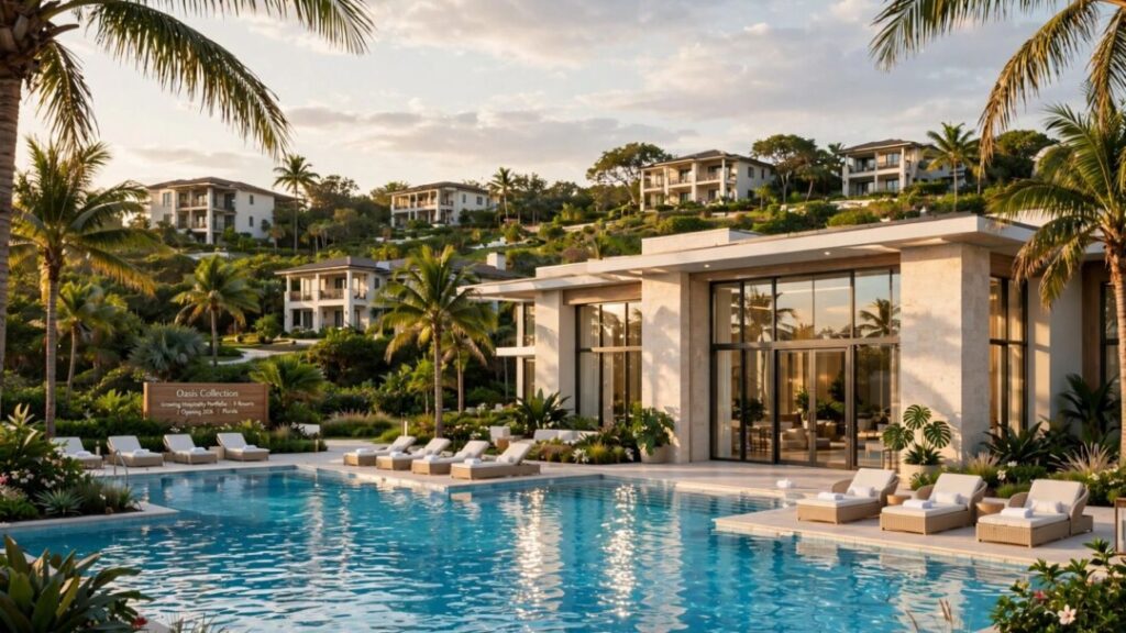 Florida resort hotel surrounded by palms, gardens, and a pool