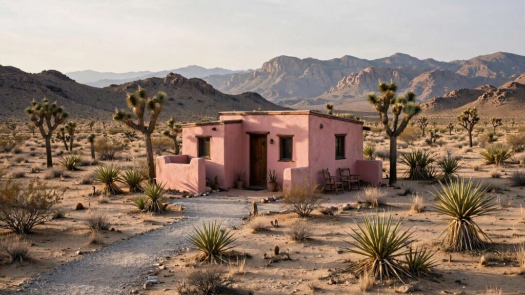 Pink retreat among Joshua trees and rugged desert mountains