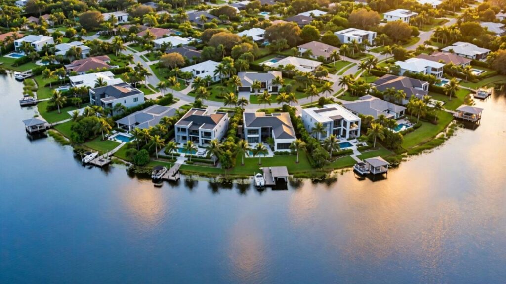 Luxury homes along a calm lake in Saint Cloud, Florida