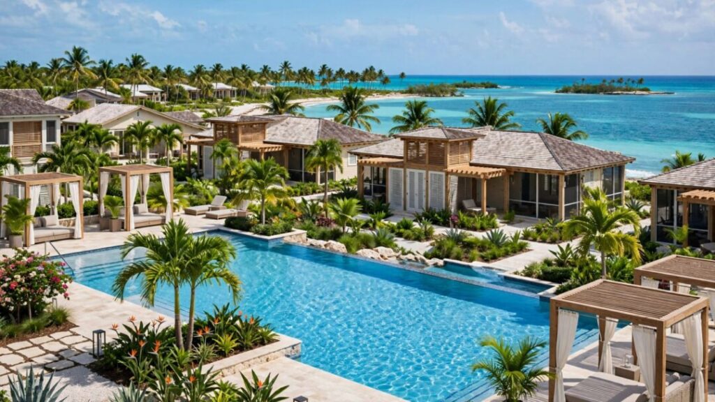 Tropical Florida Keys resort beside turquoise water and palm trees