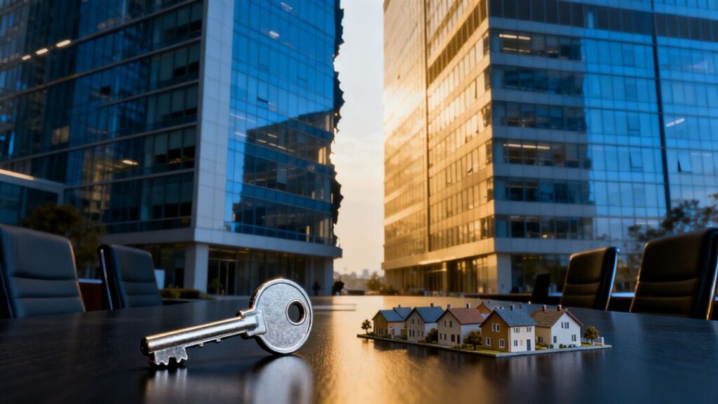 Office buildings and miniature homes separated on a conference table
