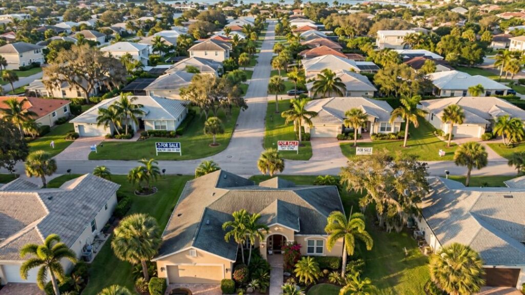 Naples homes and palm trees under warm Florida sunlight.