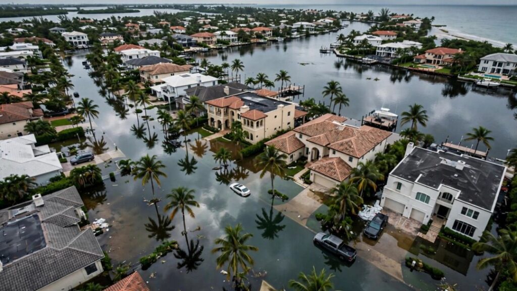 King tide floodwater surrounds South Florida waterfront homes and streets.
