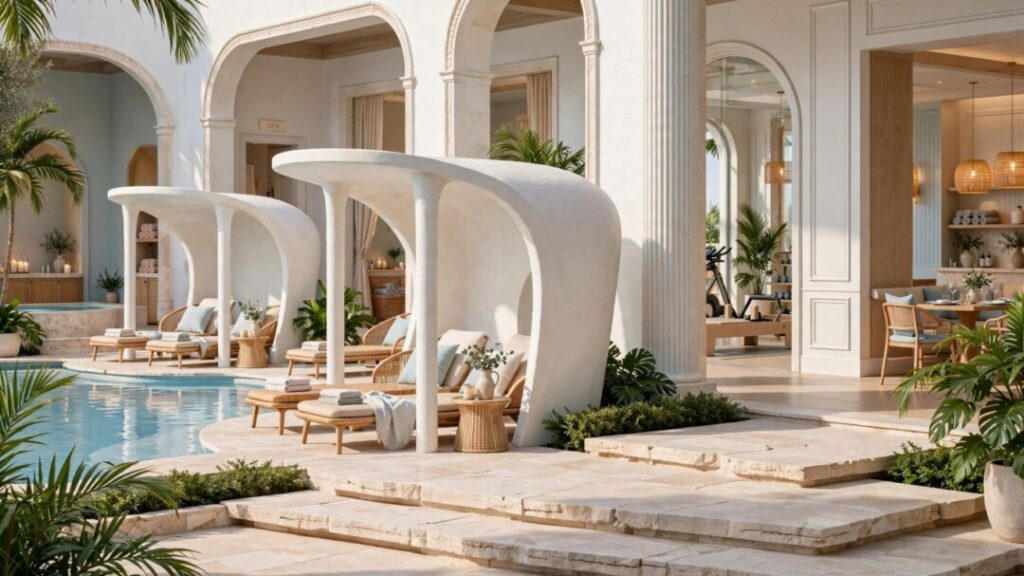 Luxury Miami hotel amenities with pool, cabanas, spa, and palms