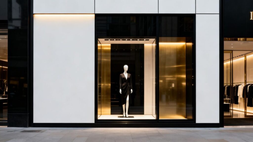 Luxury boutique storefront with mannequin in window display.