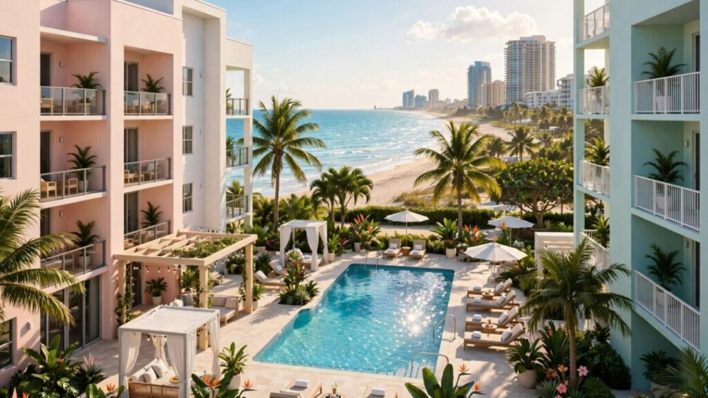Treasure Coast condos beside palm trees, a pool, and ocean