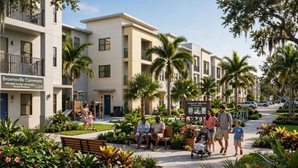 Modern affordable apartments surrounded by palm trees and families outdoors