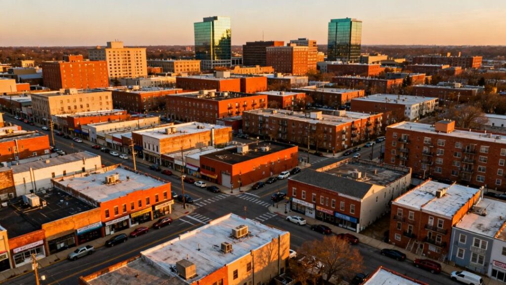 Neighborhood commercial properties fill city streets beneath distant downtown skyscrapers.