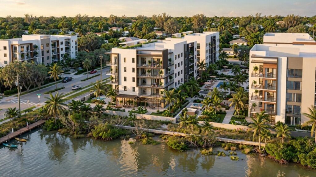 Modern apartments and palm trees beside a calm Miami river