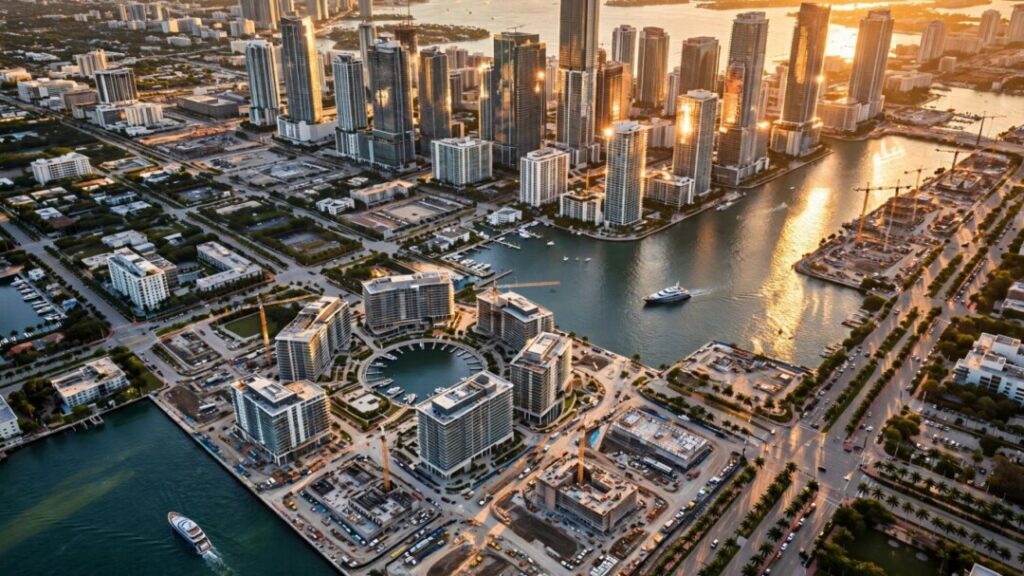 Miami waterfront towers, luxury development, and yacht at golden hour