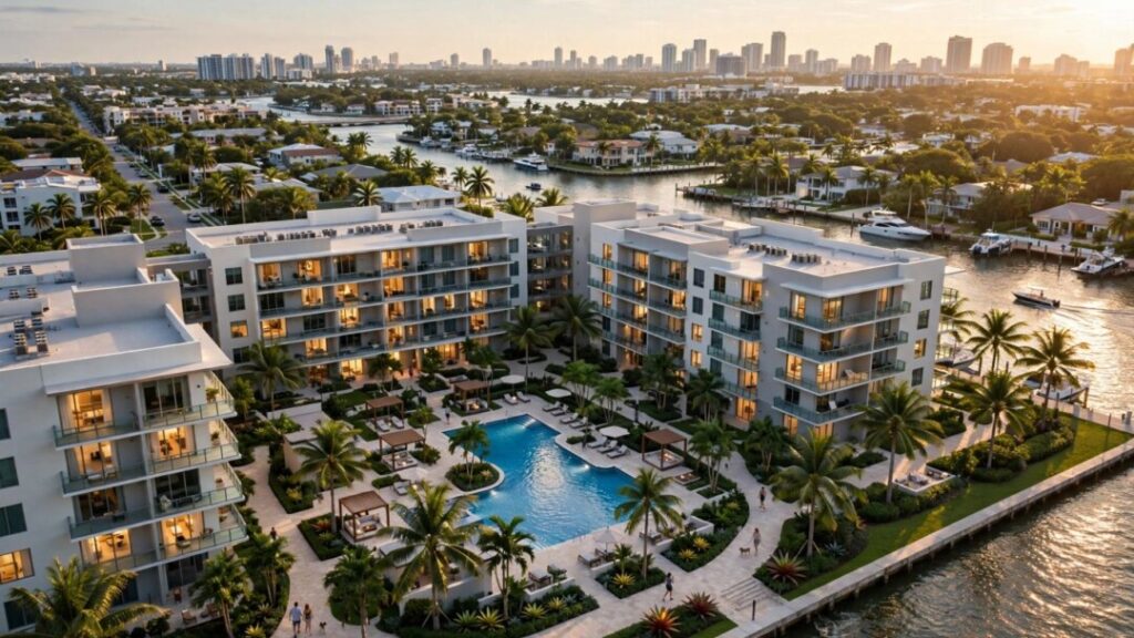 Modern Fort Lauderdale waterfront apartments with pool and palm trees