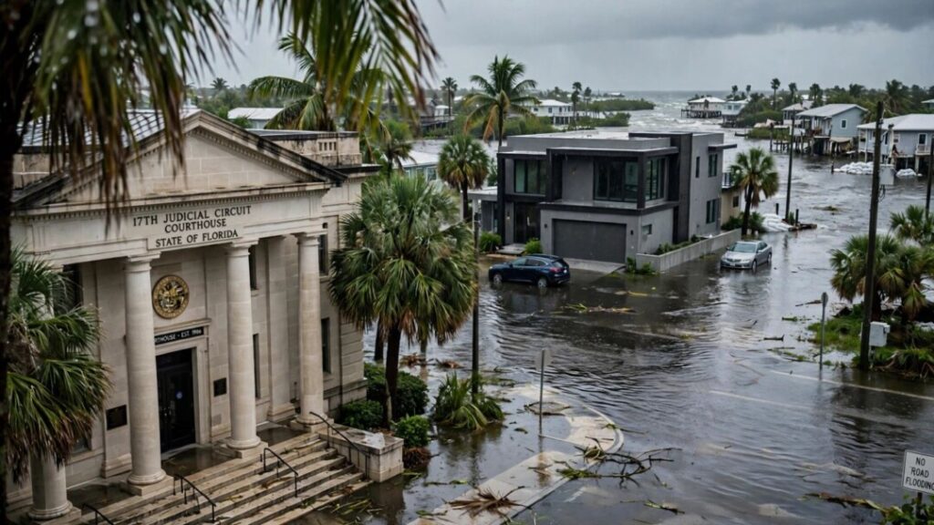 Flooded Florida homes beside a courthouse under storm clouds