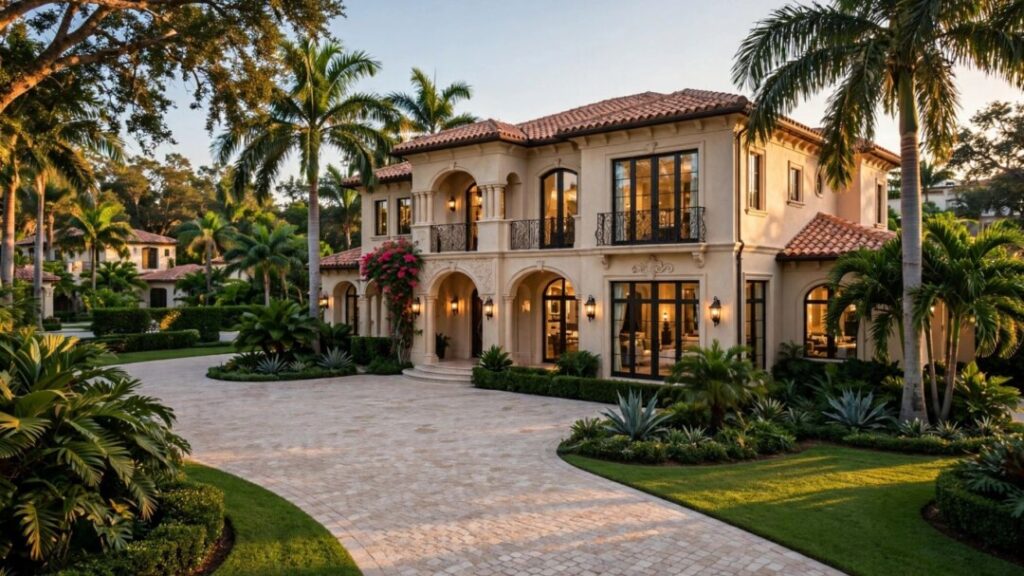 Luxury Ponce Davis estate framed by tropical landscaping and palms.