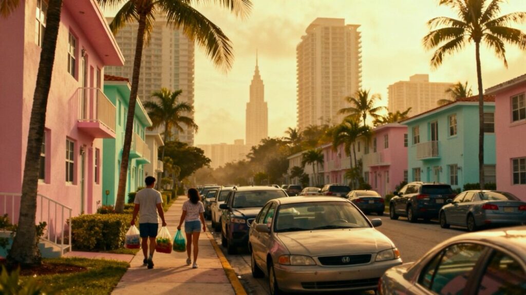 Miami residents walk past apartments beneath skyline of luxury condos