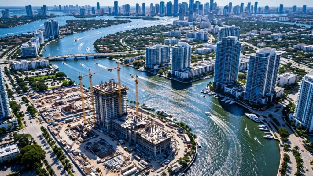 Miami riverfront construction site with cranes and luxury towers