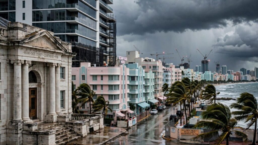 Miami Beach skyline with courthouse, high-rise, cranes, and palms
