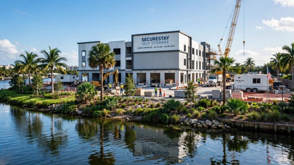 Modern self-storage construction site beside the Tarpon River