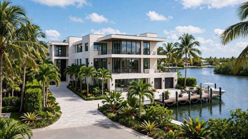 Fort Lauderdale megamansion at street's end beside tropical waterfront