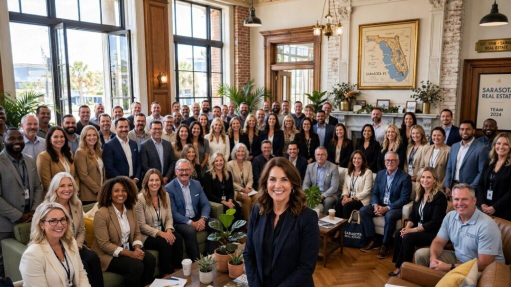Sarasota real estate agents gather inside a restored historic office.