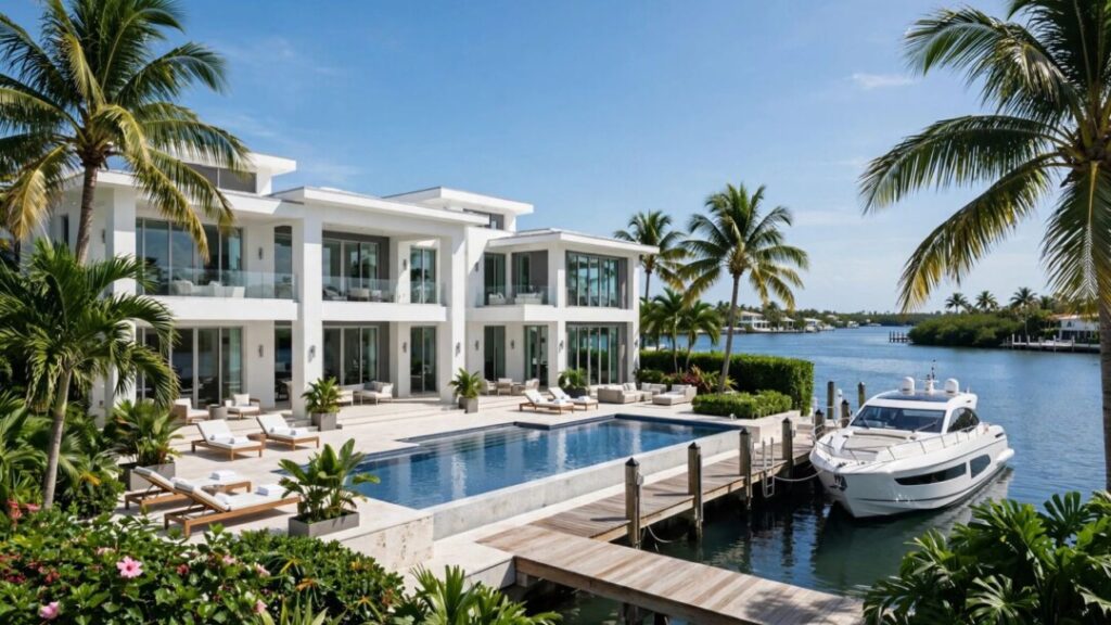 Waterfront Hibiscus Island mansion with pool, palms, dock, and yacht