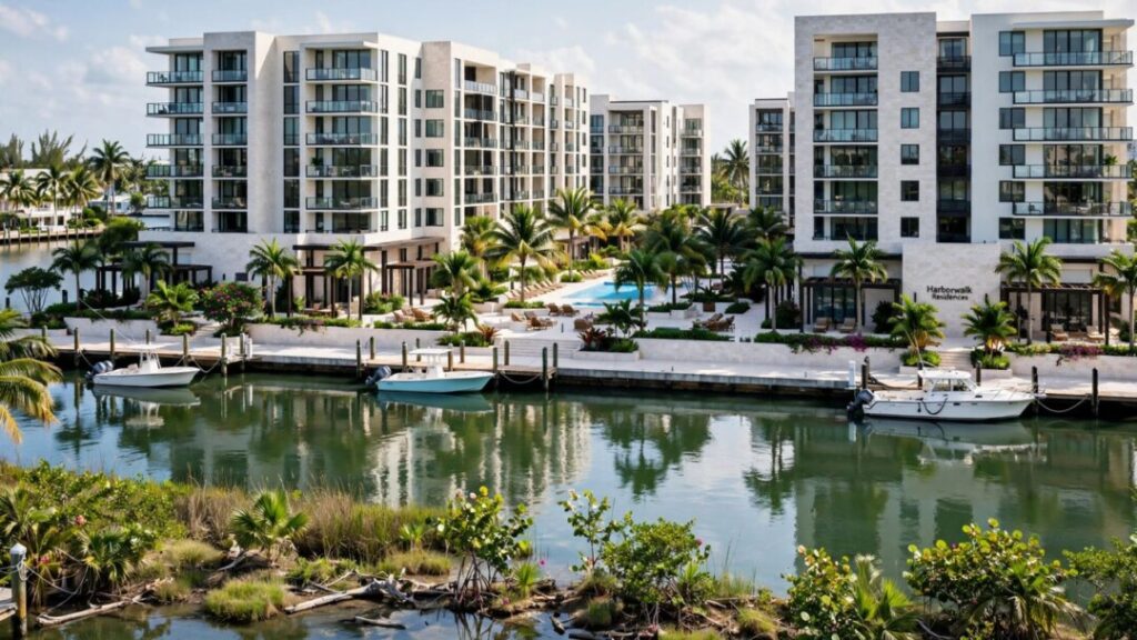 Waterfront apartment community with palm trees and a sunlit pool