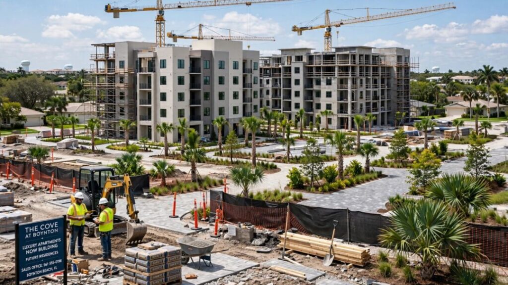 Apartment construction site with cranes, modern buildings, and palm trees