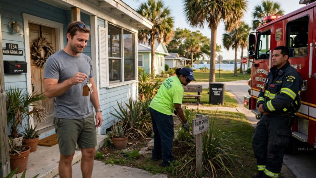 Florida homeowner near a house, park worker, and fire truck