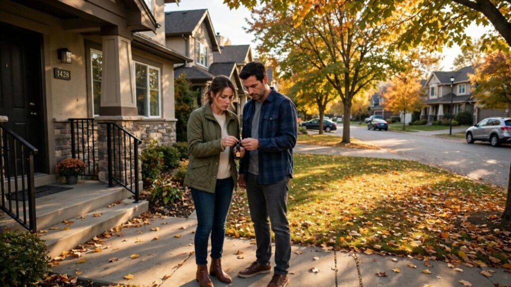 Couple outside a suburban home amid autumn leaves