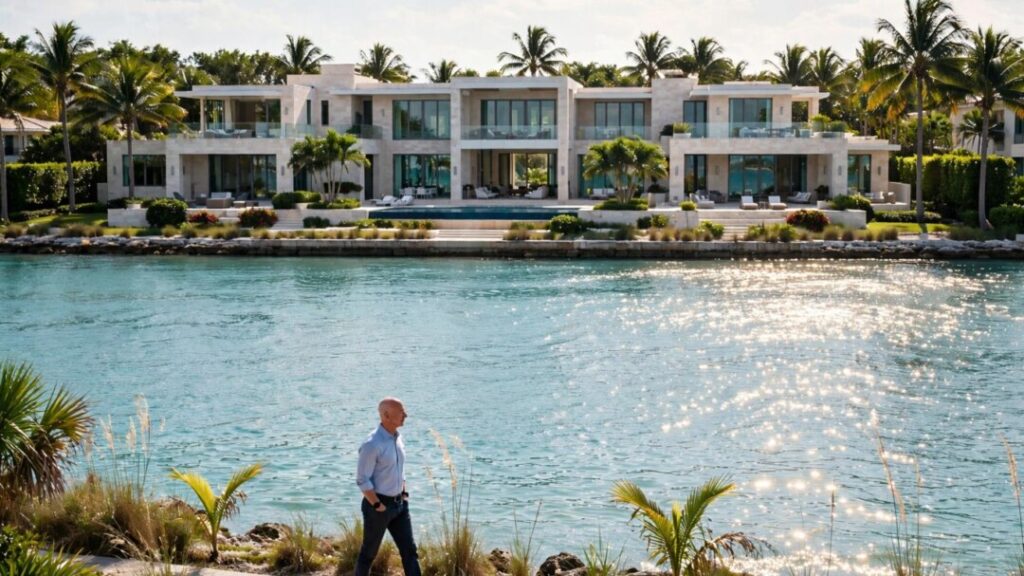 Oceanfront Golden Beach mansion beside turquoise water and palm trees