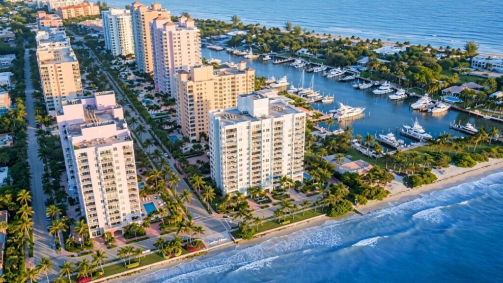 Florida Treasure Coast condominiums beside a sunny Atlantic shoreline