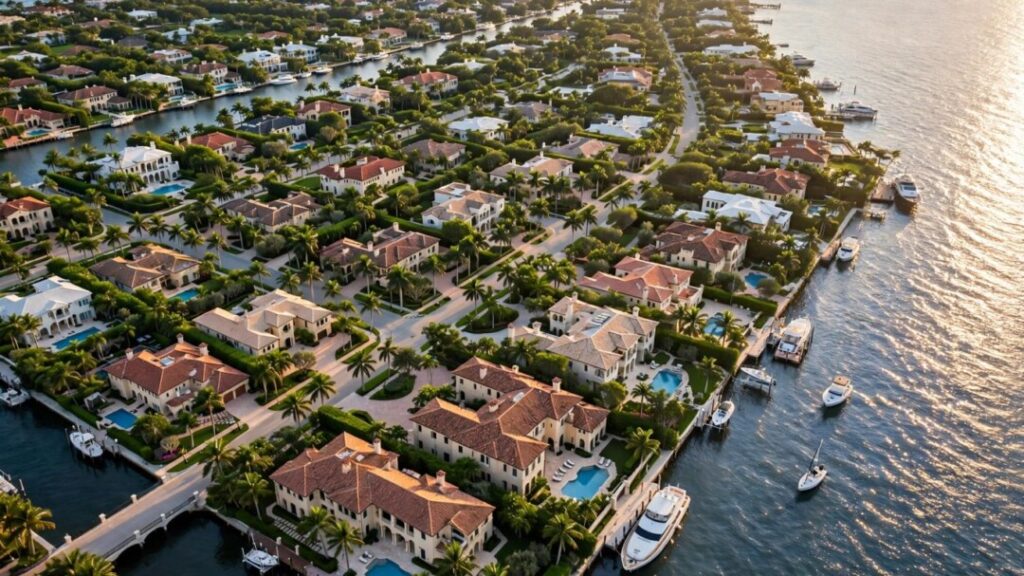 Waterfront luxury homes and palm-lined streets in West Palm Beach