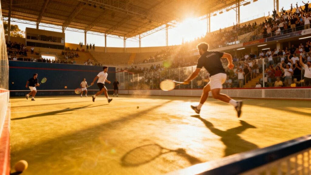Jai alai players in action on a sunny court.