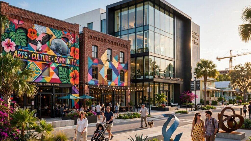 West Tampa arts center beside murals, brick warehouses, and palm-lined sidewalks