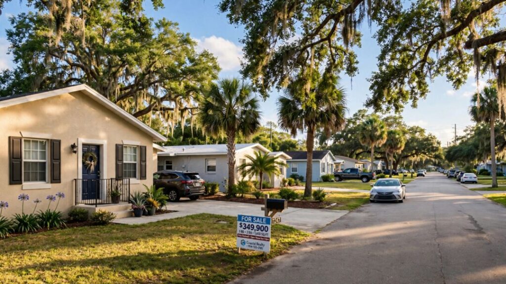 Northeast Florida homes along a quiet, palm-lined residential street