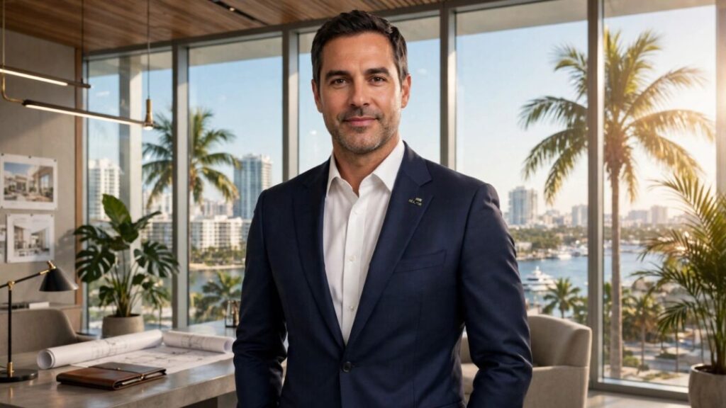 Real estate executive in a suit overlooking a sunny Florida skyline