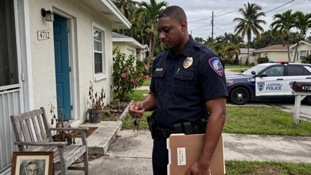 Officer stands outside a home connected to an identity theft case.