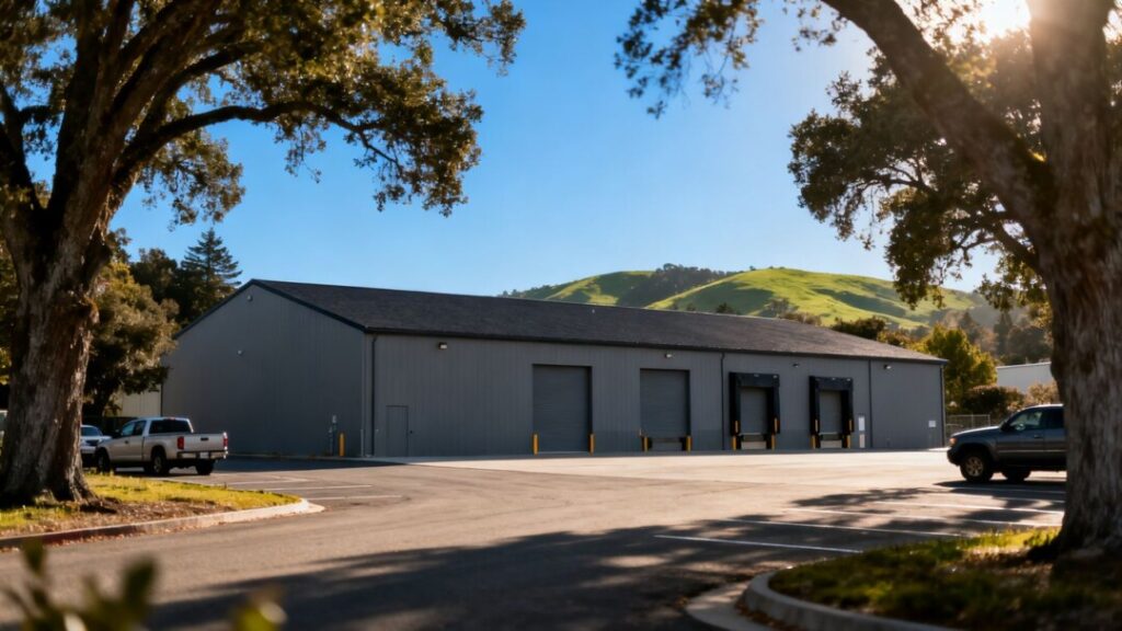 Hillsborough industrial warehouse with loading bays and parked vehicles