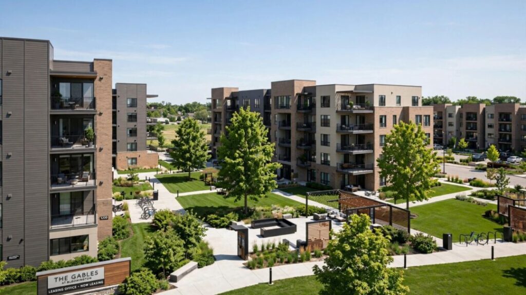 Modern Bloomington apartment community with landscaped grounds and balconies