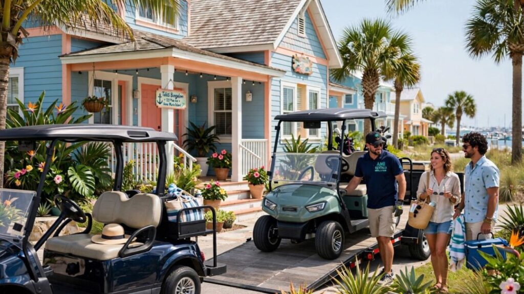 Upgraded golf carts delivered outside a tropical island vacation home
