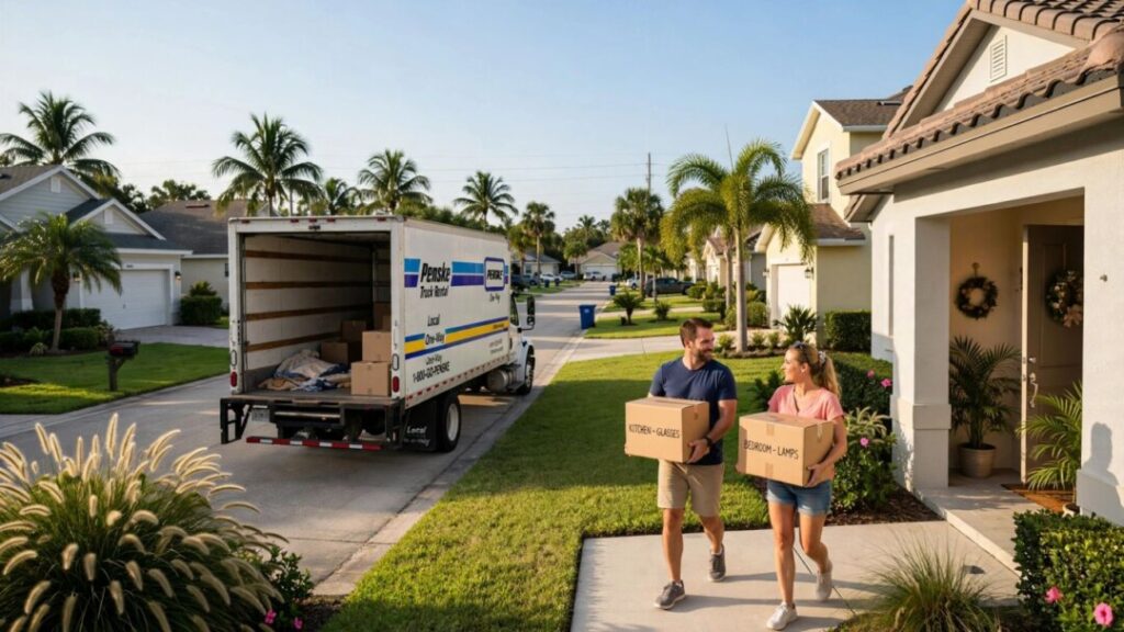 Florida couple moving into a home on a sunny residential street