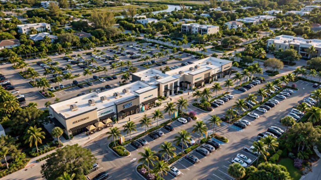 Aerial view of a palm-lined Marco Island retail plaza