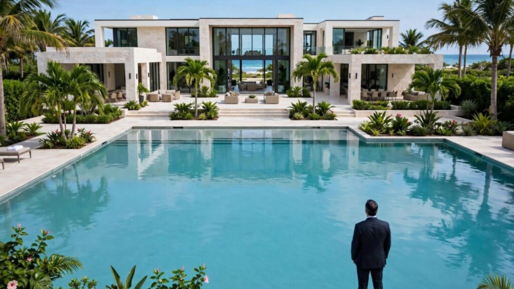 Golden Beach oceanfront mansion beside a turquoise pool and palms