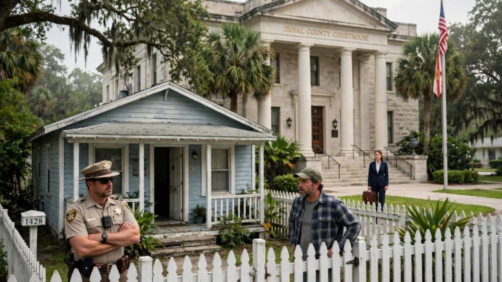 Florida lawyer outside courthouse near a home and concerned neighbor