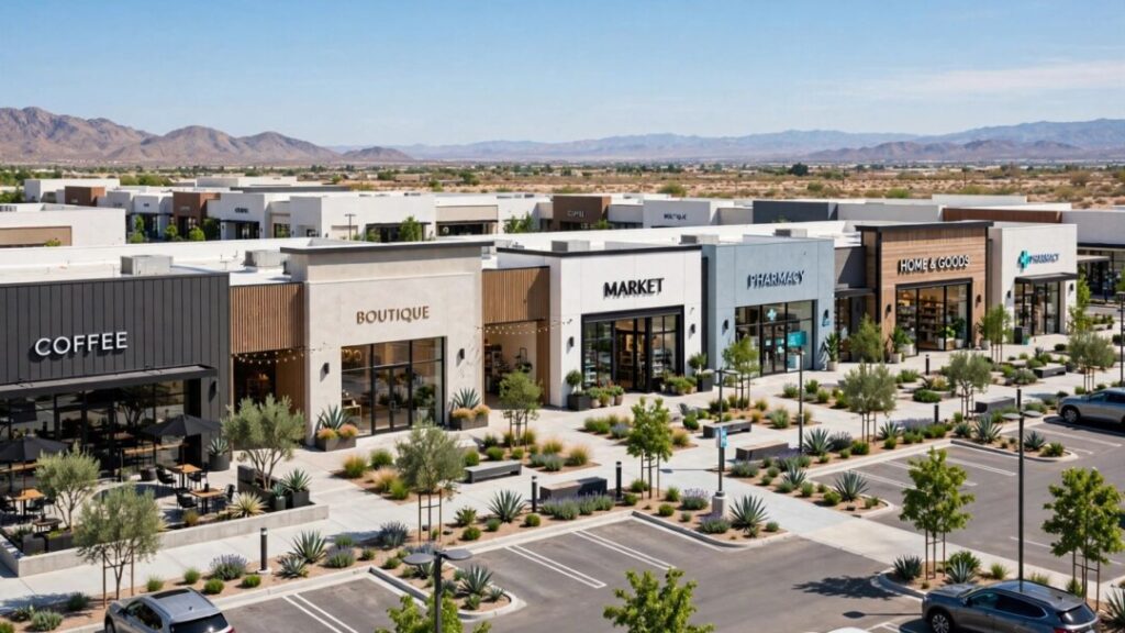 Open-air Apple Valley shopping center with landscaped paths and parking.