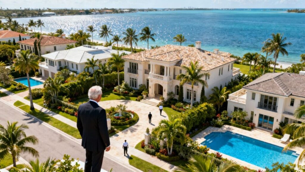 Florida estate surrounded by neighboring homes and tropical landscaping