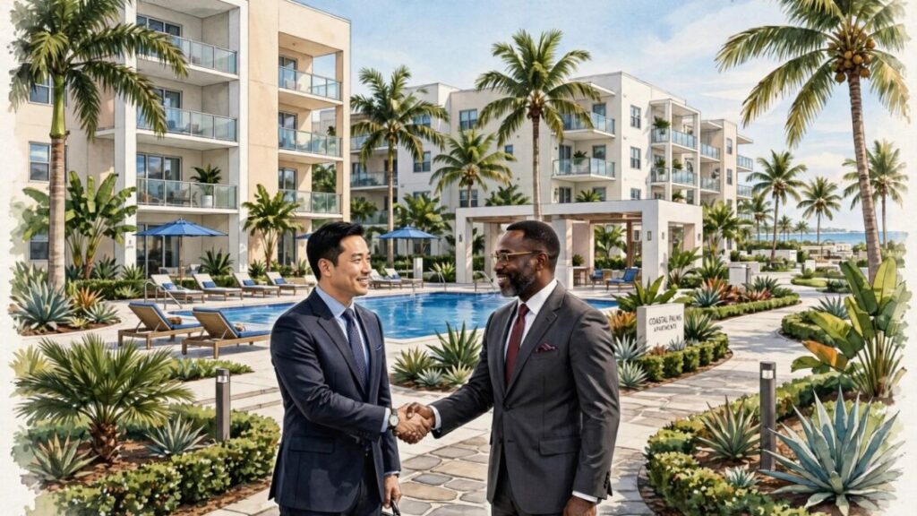 Executives shake hands outside a sunny Florida apartment community.