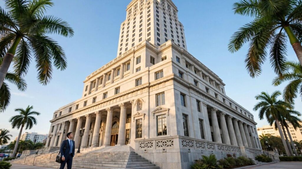 Historic Miami courthouse framed by palm trees beneath a sunny sky