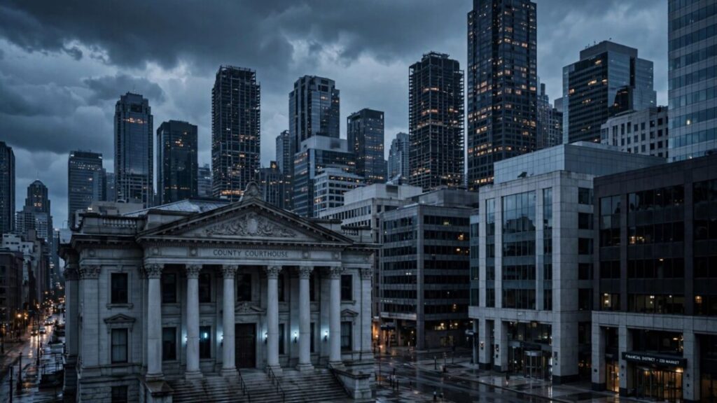Vacant office towers loom over a downtown commercial real estate district